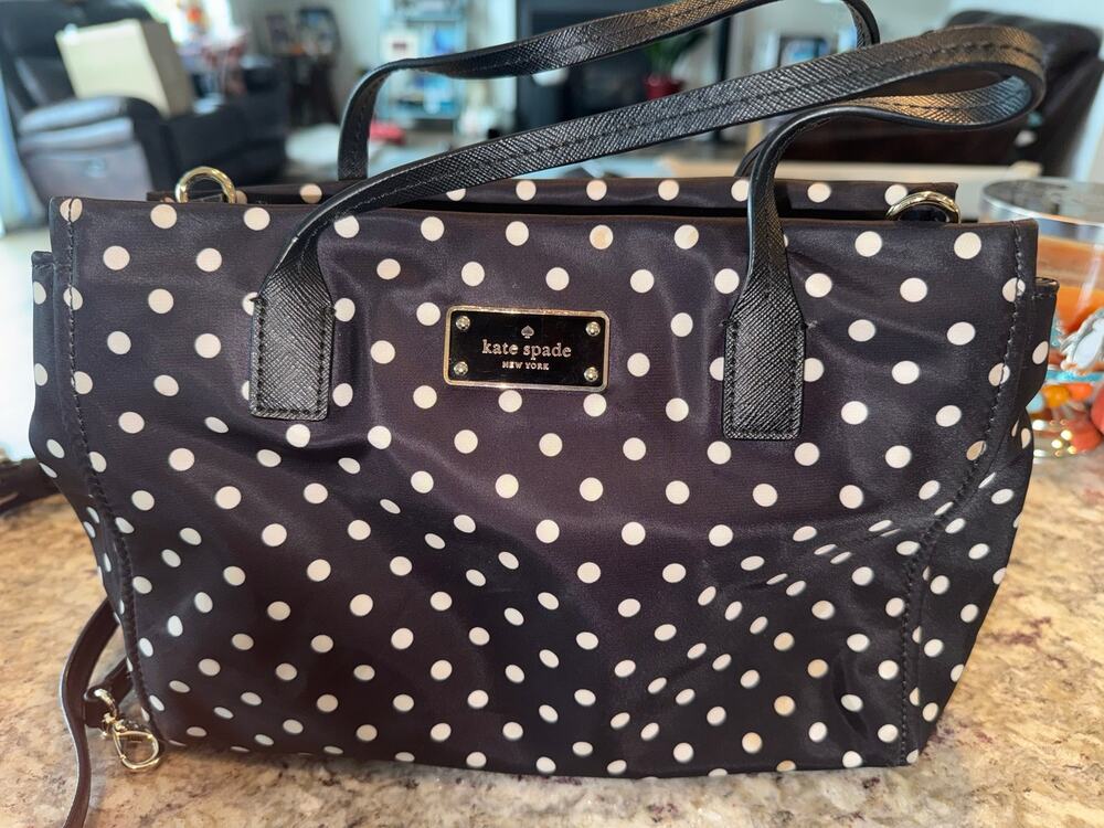 Kate Spade Watson Lane Black Cream Polka Dot Nylon Tote Shoulder Bag Crossbody